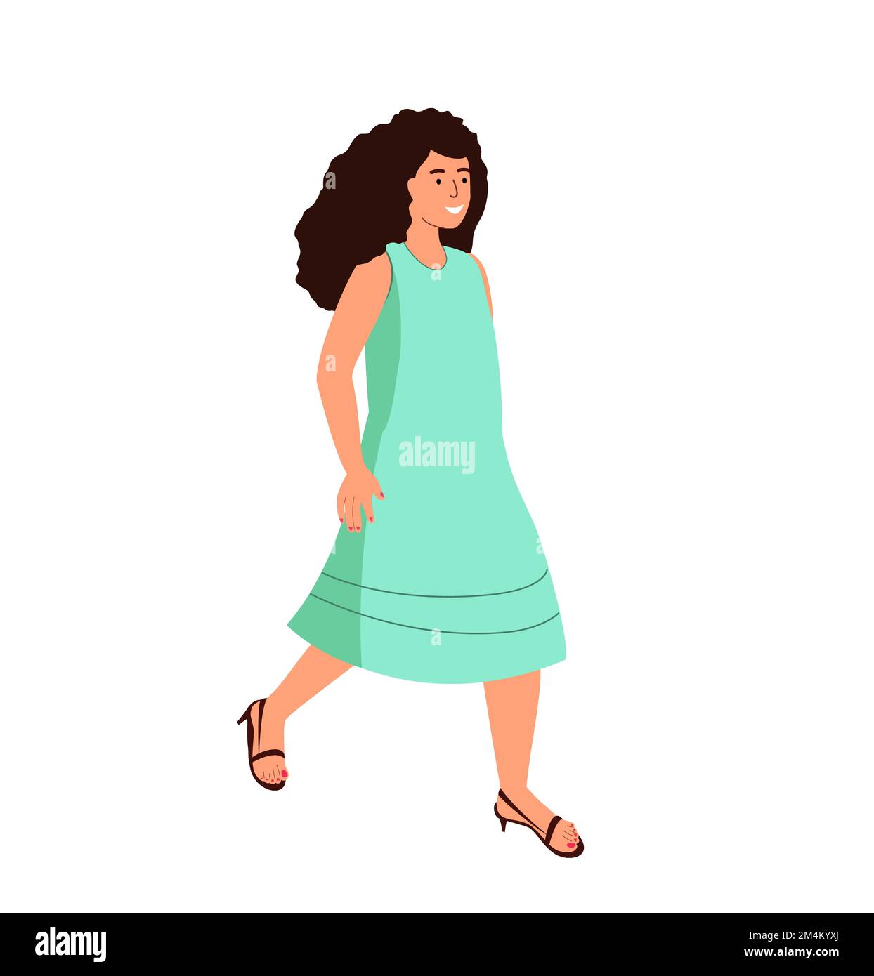 Happy Walking eine stilvolle Frau, die in grünem Kleid lächelt. Zufriedene Person mit positiven Gefühlen und guten Emotionen. Sehr erfreut, weiblich. Flaches vecto Stockfoto