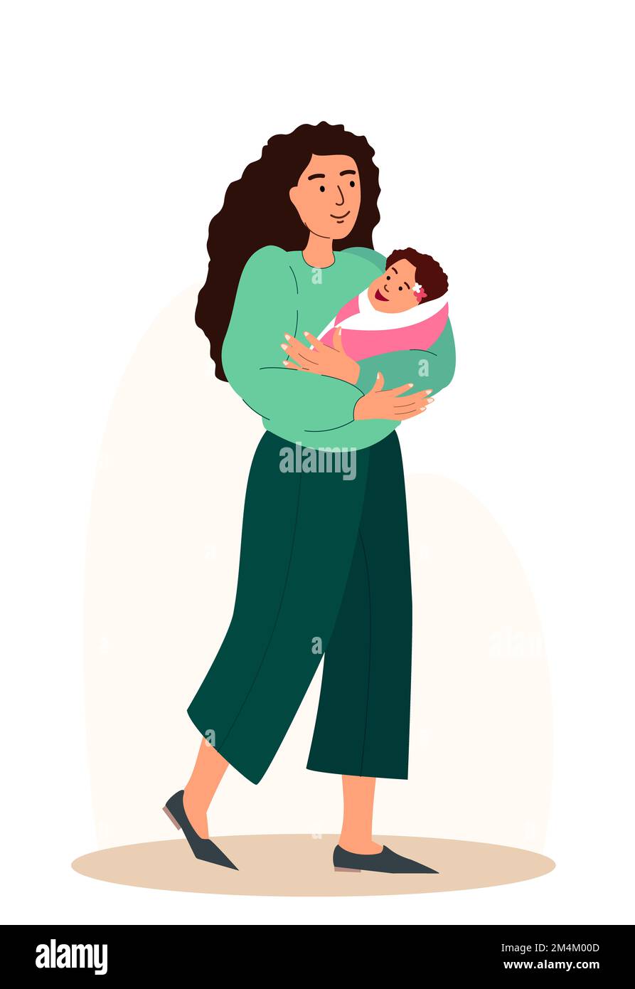 Mutter hält und umarmt Neugeborene. Junge mutter kuschelt mit dem Baby und Liebe. Weibliche Eltern mit schlafendem Neugeborenen in den Händen. Flache Grafik Stockfoto