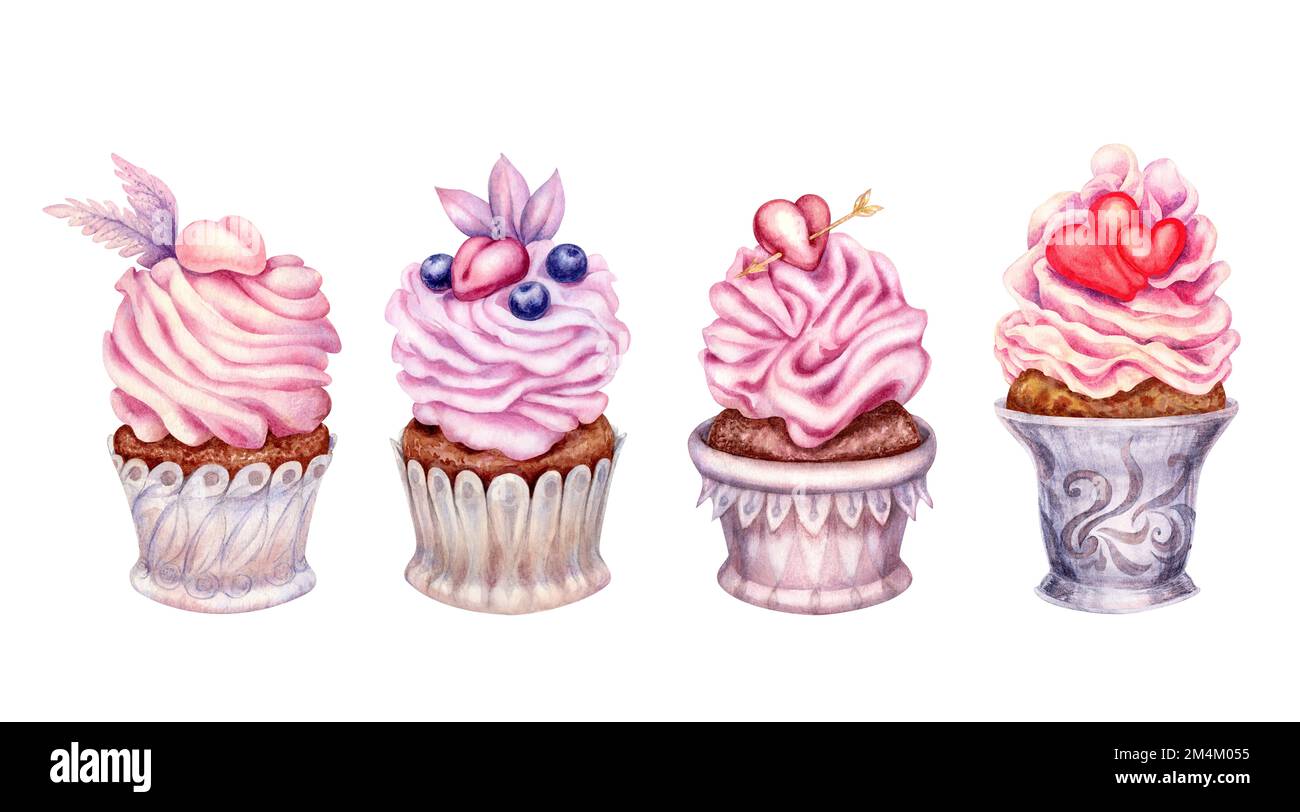 Handgezeichneter, Aquarell- und rosafarbener Cupcake mit Herz zum Valentinstag, Hochzeitsdesign, Tapete, Geschenkpapier, Süßigkeiten, Geschenkschachteln, Schokoladenbecher. Stockfoto