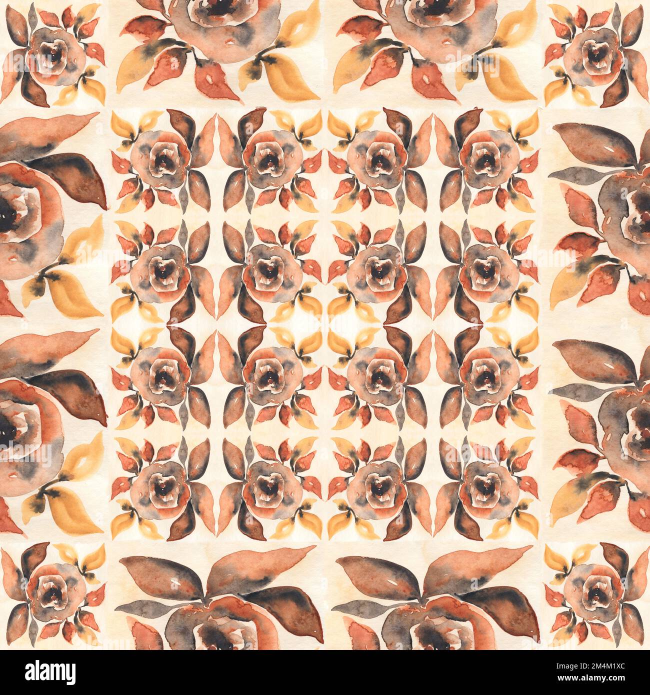 Aquarell nahtlos abstrakte Blumen Fliesenmuster, Vintage Boho Blumenziegel Illustration, Marrakesch Mosaik, Ethik, Ziermuster, handgezeichnet BEIG Stockfoto