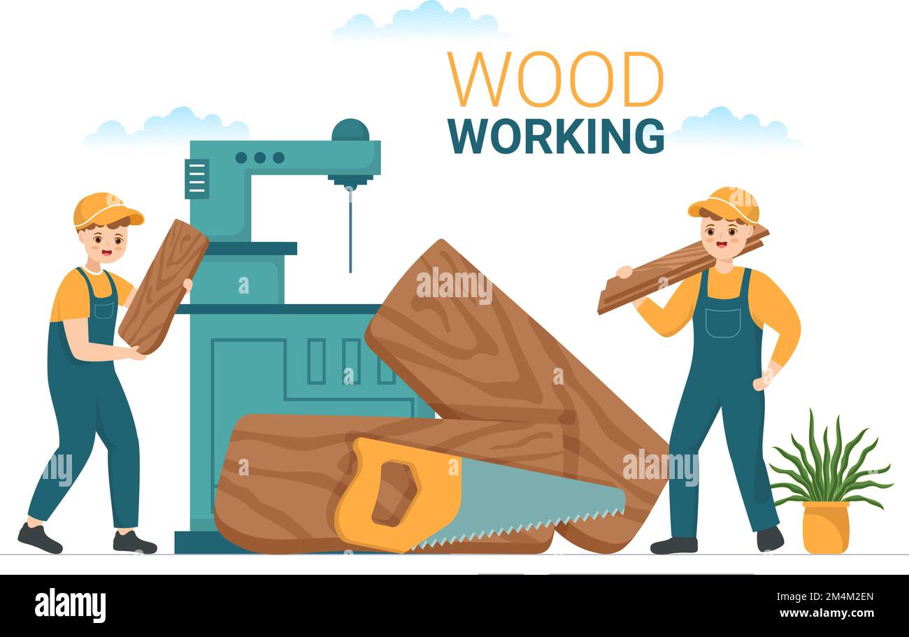 Holzbearbeitung mit Holzschnitt durch modernen Handwerker und Arbeiter unter Verwendung des Werkzeugsatzes in der Abbildung der handgezeichneten flachen Cartoon-Vorlage Stock Vektor