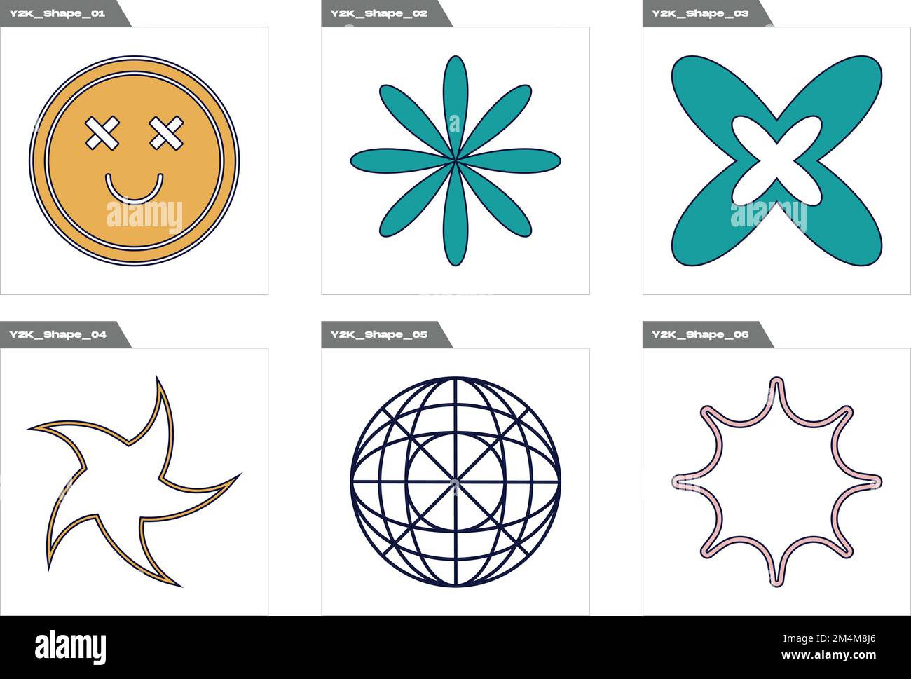 Sammlung von Y2K Elementen. Brutalismusstern- und Blumenformen. Elemente für die grafische Dekoration. Stock Vektor