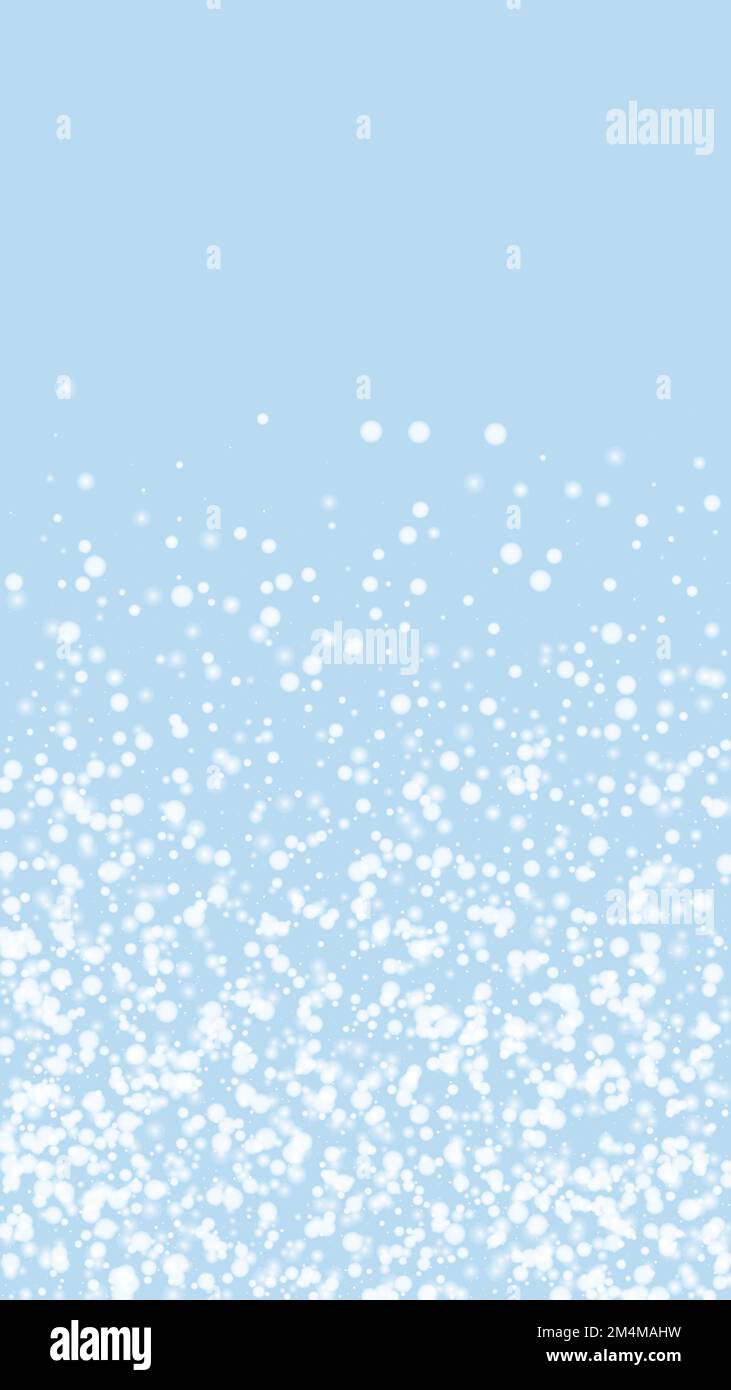 Schneefallüberzug als weihnachtshintergrund. Fliegende Schneeflocken und Sterne im hellblauen Winterhintergrund. Festlicher Schneefallüberzug. Vertikale Vektordarstellung. Stock Vektor