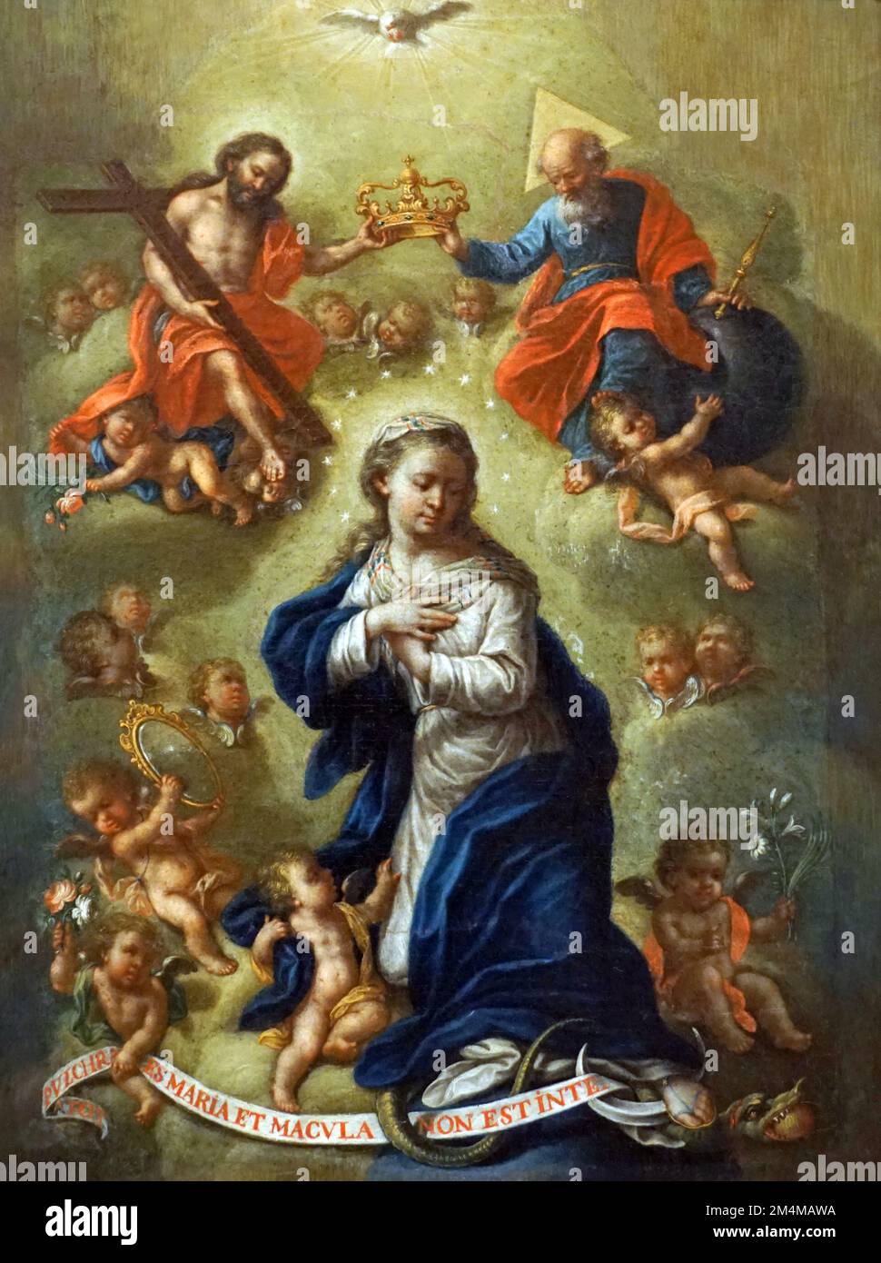 Die Krönung der Jungfrau von Bernardo Lorente Germán (1680-1759). La Coronación de la Virgin. Spanischer Maler. Spätbarocke Zeit Stockfoto