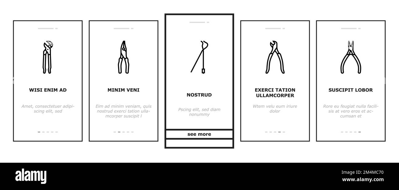 Zange Ausrüstung Werkzeug Reparatur Arbeiten Onboarding Symbole Vektor setzen Stock Vektor