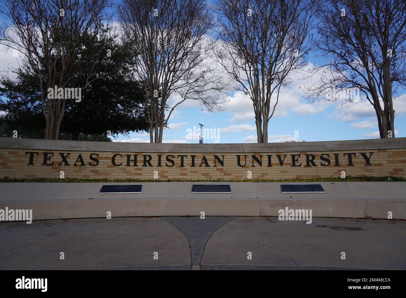 Ein Schild an der Texas Christian University, Dienstag, 20. Dezember 2022, in Fort Worth, Text Stockfoto