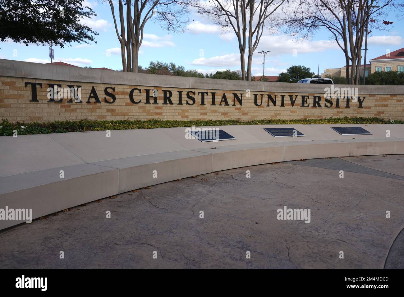 Ein Schild an der Texas Christian University, Dienstag, 20. Dezember 2022, in Fort Worth, Text Stockfoto