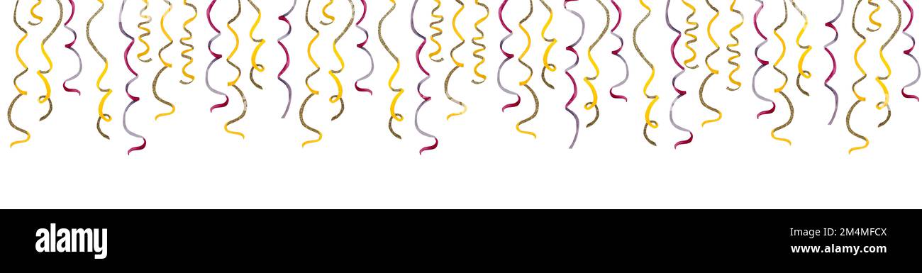 Goldgelbe magentafarbene Konfetti-Banner zum Geburtstag, Purim-Design zur Feier. Handgezeichnete Aquarelldarstellung isoliert auf weißem Ba Stockfoto