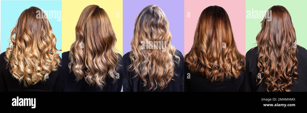 Collage mit vielen Frisuren von Frauen mit langen lockigen und glatten Haaren, Styles mit leuchtenden Highlights und Balayage-Haarschnitt Stockfoto