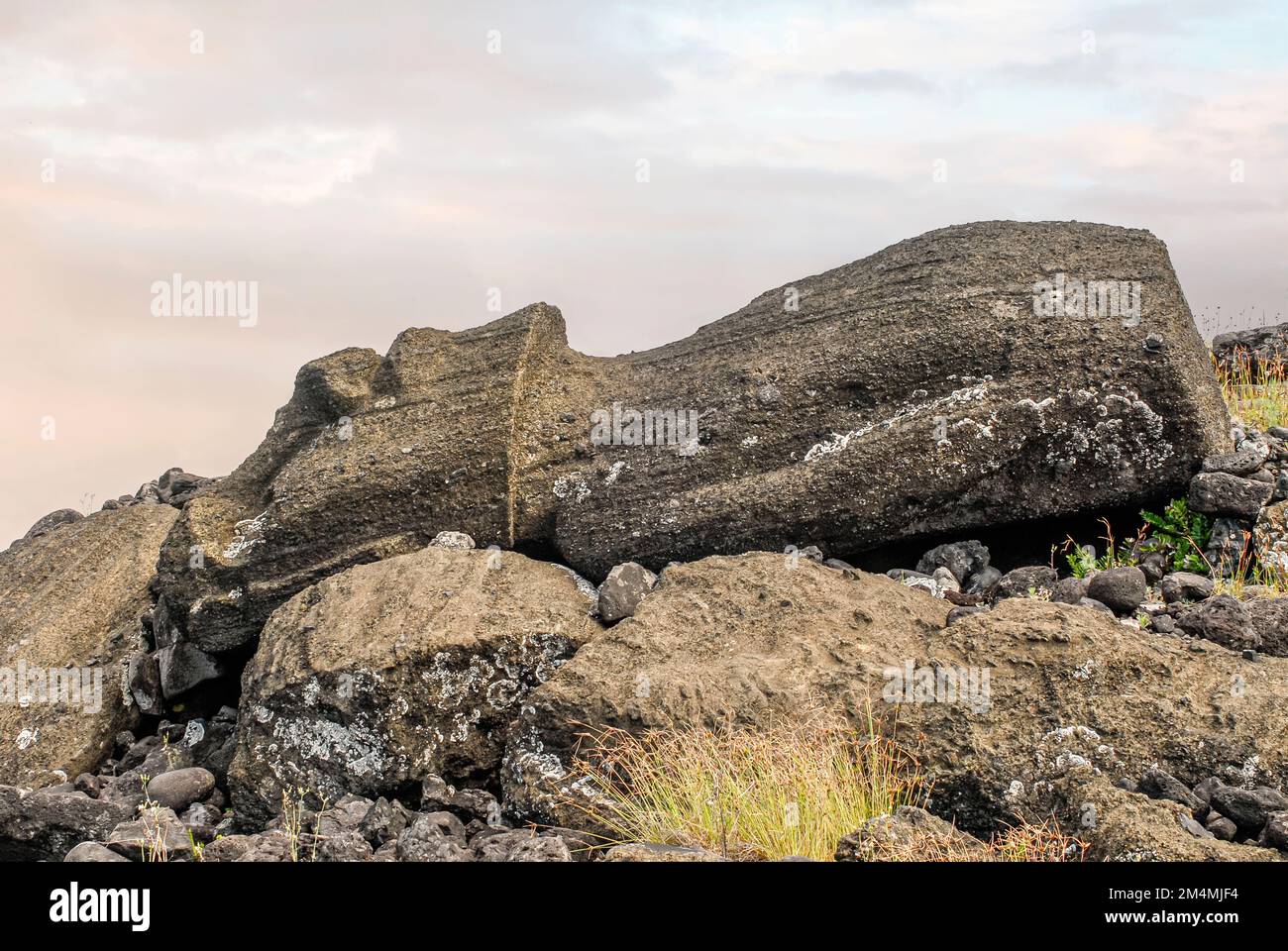 Lügen und zerstörte Moai-Skulptur auf der Osterinsel, Rapa Nui, Chile Stockfoto