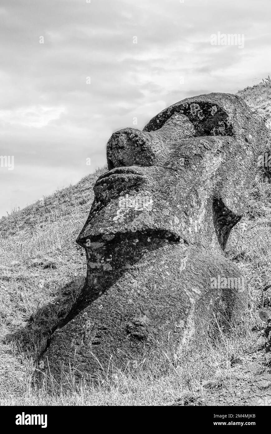 Verlogene Moai-Skulptur in Rano Raraku auf Osterinsel, Chile Stockfoto