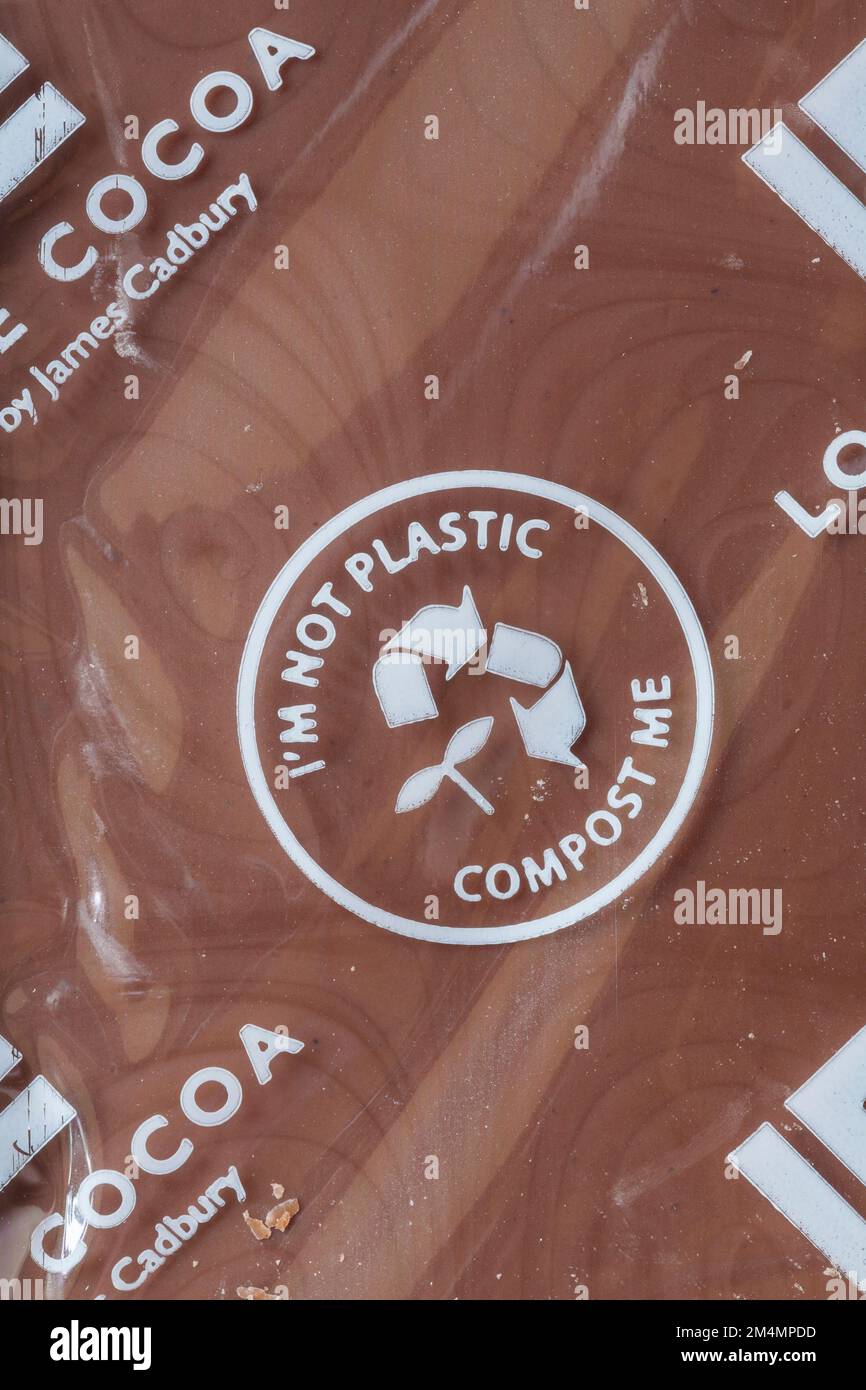 Ich bin kein plastischer Kompost-Me-Symbol-Detail auf Love Cocoa von James Cadbury, salziger Karamell-Schokoriegel Stockfoto