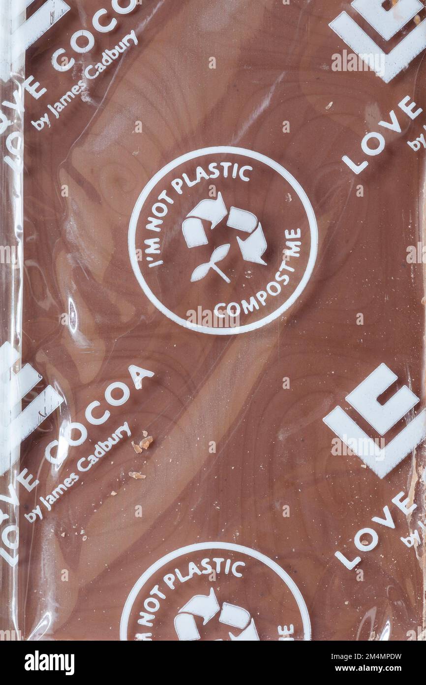 Ich bin kein plastischer Kompost-Me-Symbol-Detail auf Love Cocoa von James Cadbury, salziger Karamell-Schokoriegel Stockfoto