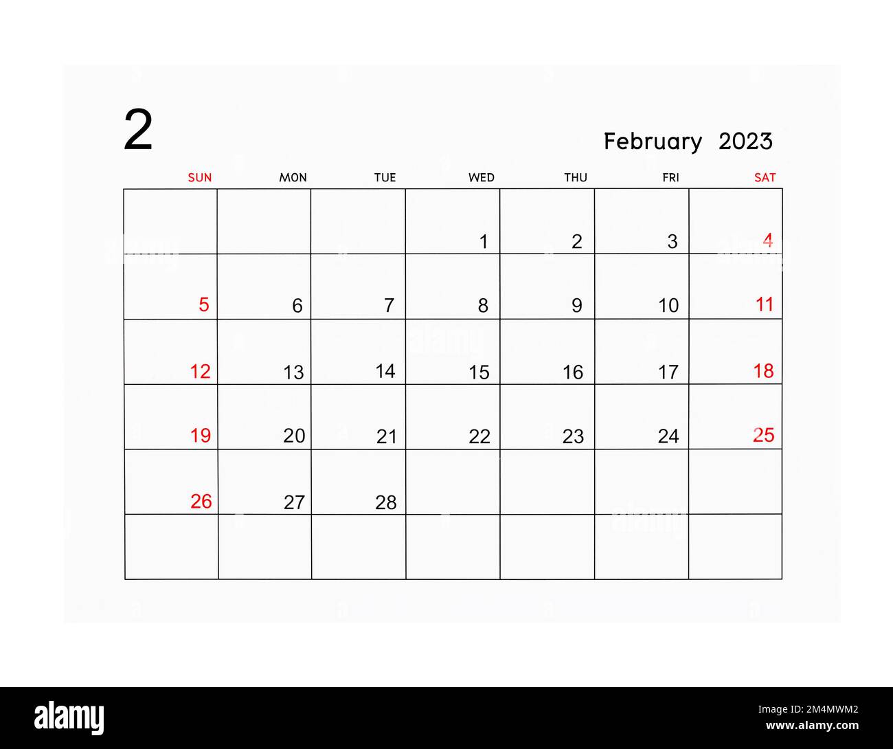 Kalenderseite für Februar 2023 isoliert auf weißem Hintergrund, gespeicherter Beschneidungspfad. Stockfoto
