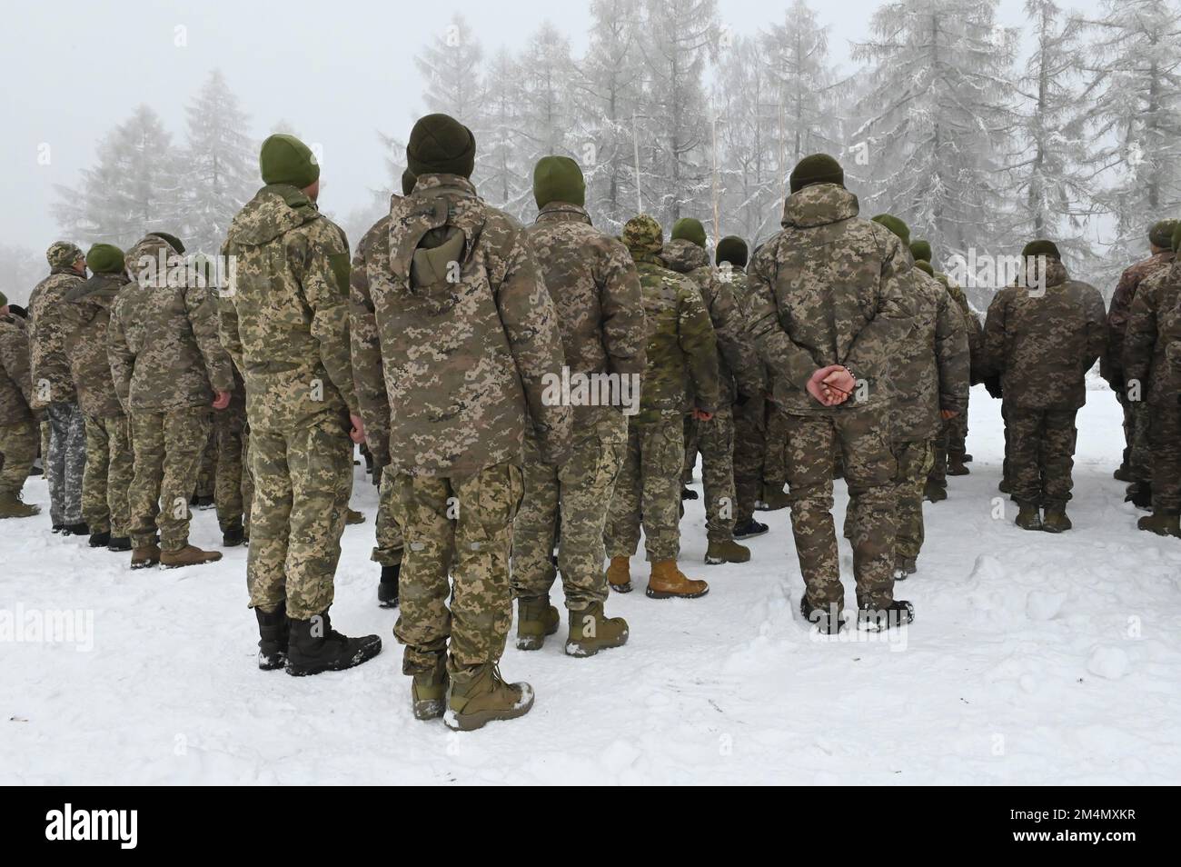 Libava, Ukraine, 21. Dezember 2022, die erste Rotation von ukrainischen Soldaten schloss ihre Ausbildung auf dem Militärgelände von Libava am 21. Dezember 2022 ab und erlernte grundlegende militärische Fähigkeiten wie Schießen mit Sturmgewehren und Bedienung von Infanteriefahrzeugen, aber auch Kommandofähigkeiten. Die ukrainische Einheit in Bataillonsgröße umfasst sowohl militärische Neuankömmlinge als auch Kämpfer mit Erfahrung von der Kriegsfront, weshalb die tschechischen Kommandeure aus Libava der CTK sagten, dass die Ausbildung auf Gegenseitigkeit beruhe und dass die Ukrainer wertvolle Erfahrungen aus echten Kämpfen mit tschechischen Soldaten geteilt hätten Stockfoto