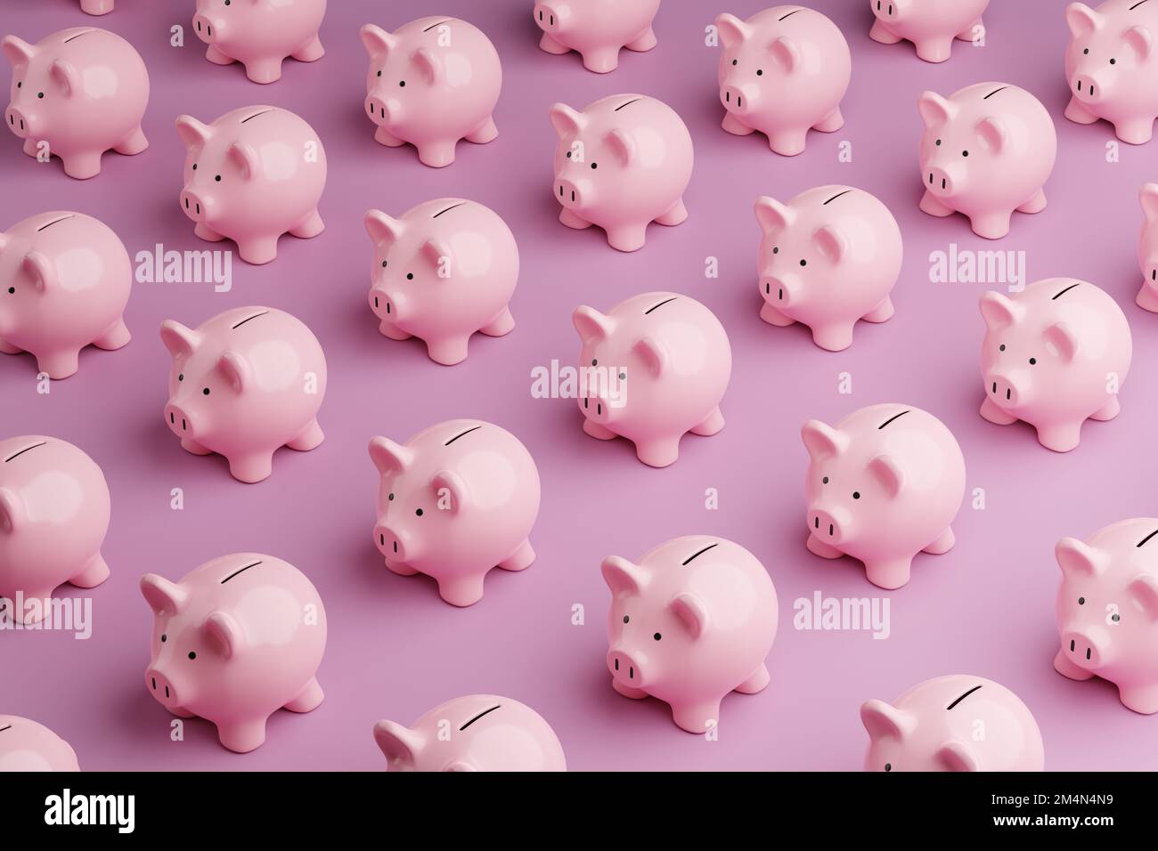Eine Reihe rosafarbener Sparschweine auf pinkfarbenem Hintergrund. Veranschaulichung des Konzepts der persönlichen Ersparnisse und finanziellen Investitionen Stockfoto