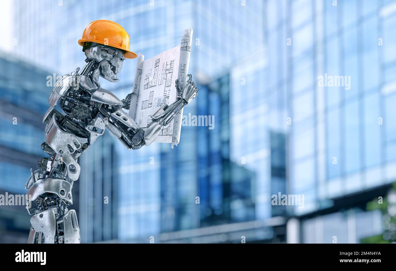 Roboter-Vorarbeiter-Ingenieur im Schutzhelm hält Bauzeichnungen vor dem Hintergrund der Stadt. Android, humanoide künstliche Intelligenz-Technologie des Cyborg Stockfoto