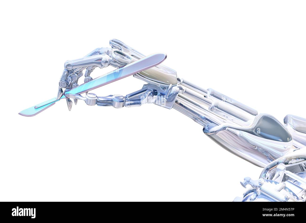 Roboterchirurg Hand hält Skalpell. Roboterchirurgie-Konzept der Zukunft. Innovative Medizintechnik der Zukunft, künstliche Intelligenz 3D-Illustration Stockfoto