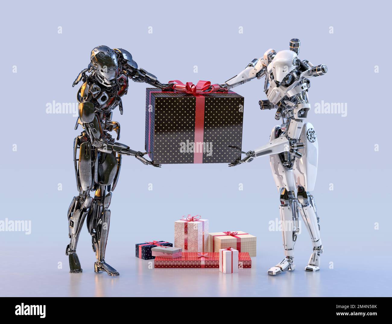 Ein paar moderne Roboter, die eine große Geschenkbox mit Weihnachtsgeschenken dabei haben. Zukunftstechnologie, saisonales grußkartenkonzept für weihnachten oder Neujahr. 3D Stockfoto