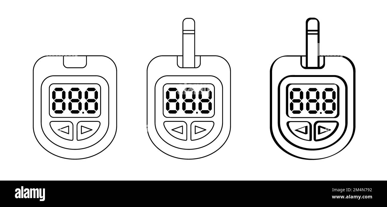 Blut-, Blutzucker- oder Blutzuckermessgerät. Blutzuckertest, Füllstand wird angezeigt. Diabetes-Insulin. Gerät zur Prüfung und Überwachung des Zuckergehalts. Cartoon CO Stockfoto