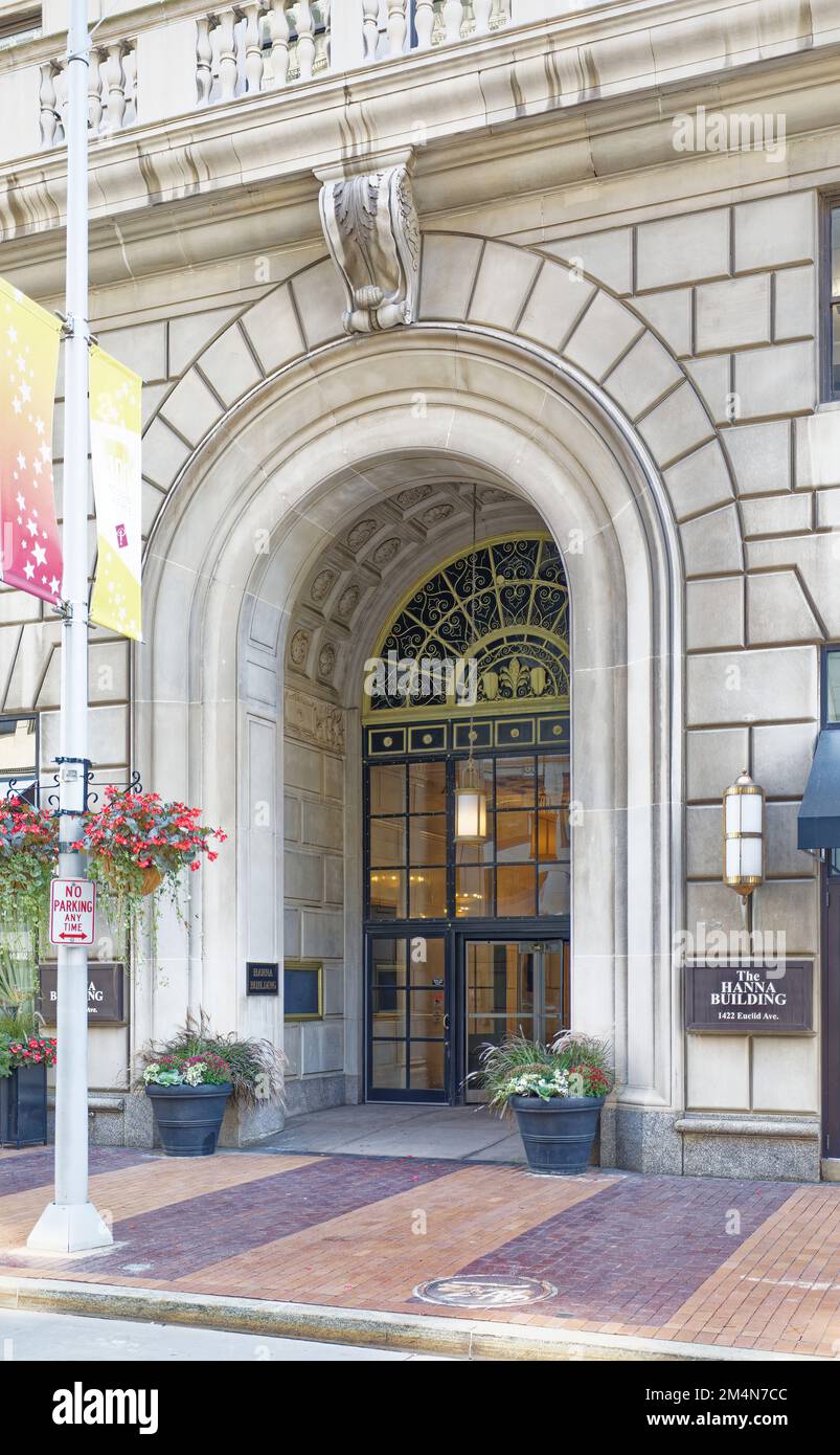 Das Wahrzeichen Hanna Building wurde 1922 erbaut. Das Hochhaus ist immer noch ein Bürogebäude, obwohl der angrenzende Anbau in Apartments umgewandelt wurde. Stockfoto
