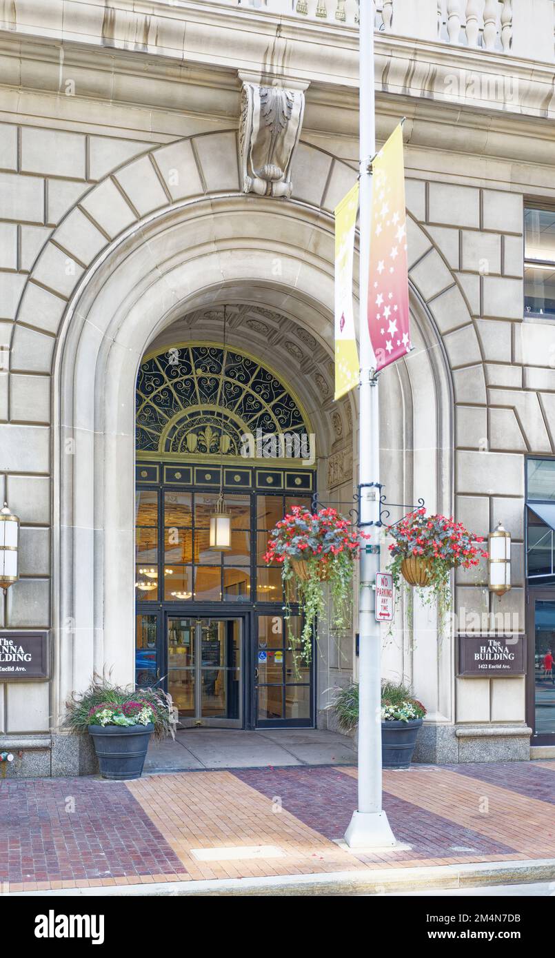 Das Wahrzeichen Hanna Building wurde 1922 erbaut. Das Hochhaus ist immer noch ein Bürogebäude, obwohl der angrenzende Anbau in Apartments umgewandelt wurde. Stockfoto