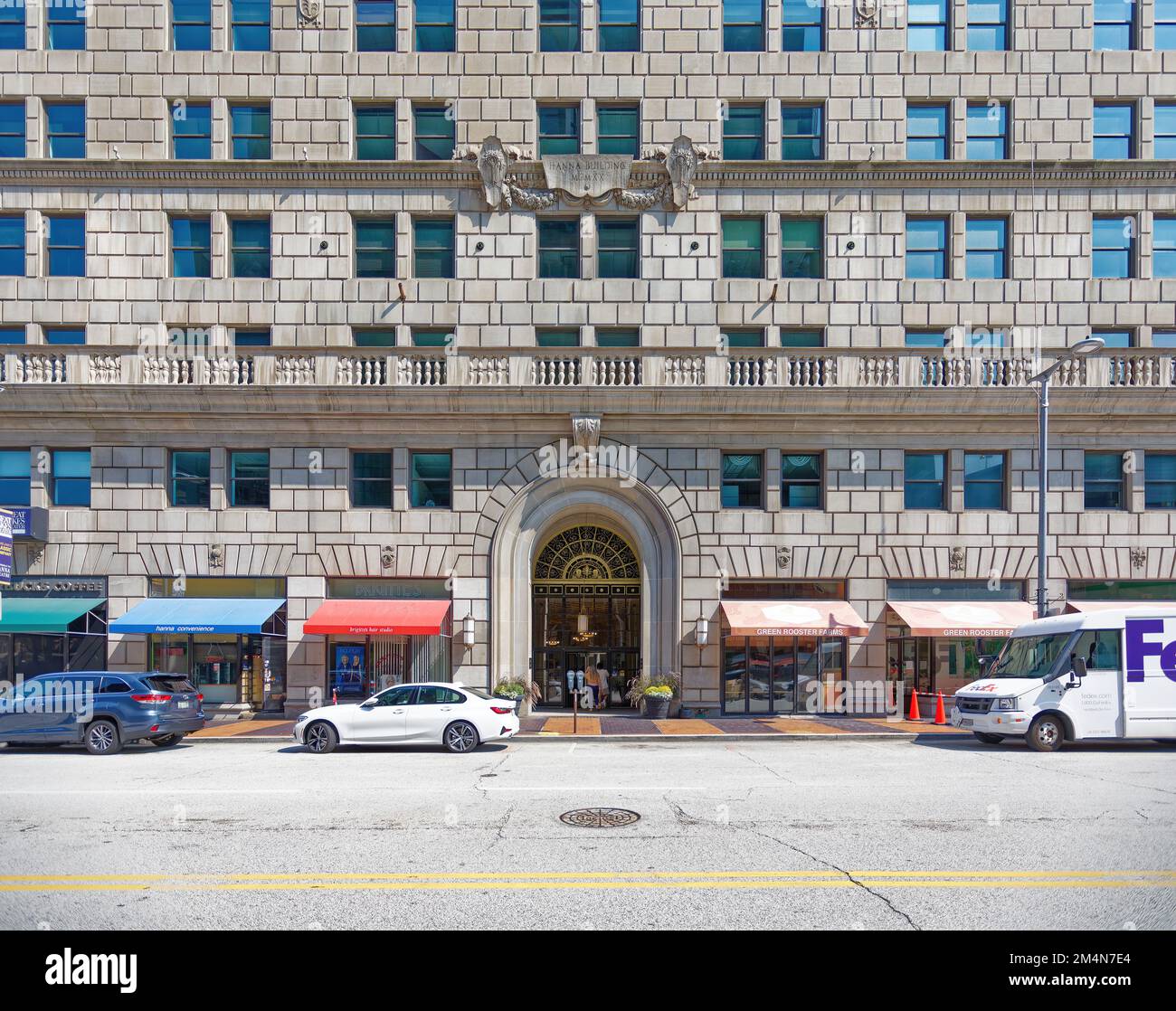 Das Wahrzeichen Hanna Building wurde 1922 erbaut. Das Hochhaus ist immer noch ein Bürogebäude, obwohl der angrenzende Anbau in Apartments umgewandelt wurde. Stockfoto