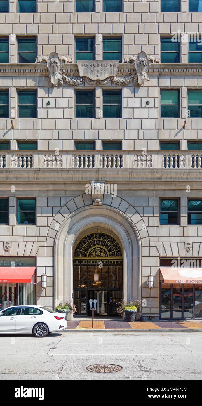Das Wahrzeichen Hanna Building wurde 1922 erbaut. Das Hochhaus ist immer noch ein Bürogebäude, obwohl der angrenzende Anbau in Apartments umgewandelt wurde. Stockfoto