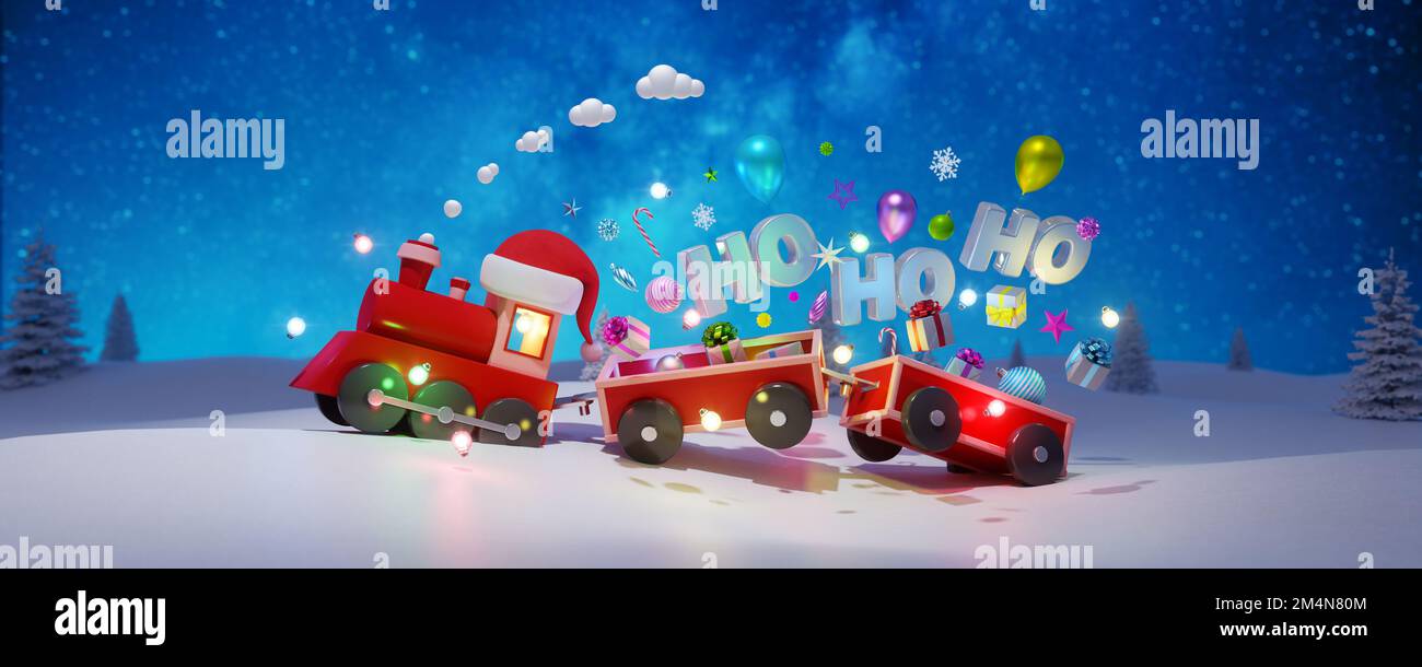 Roter Zug und Wagen springen mit Geschenken und Weihnachtsdekorationen in verschneiter Landschaft. Fröhliche Feiertage Grußkarte 3D Aushängeschild Stockfoto