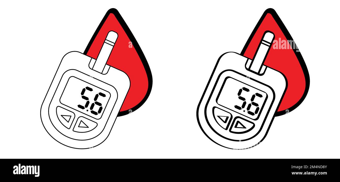 Blut-, Blutzucker- oder Blutzuckermessgerät. Blutzuckertest, Füllstand wird angezeigt. Diabetes-Insulin. Gerät zur Prüfung und Überwachung des Zuckergehalts. Cartoon CO Stockfoto