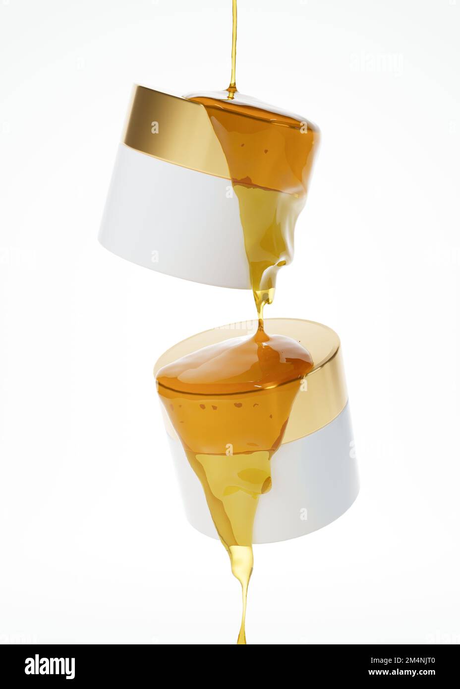 Zwei schwimmende Kosmetikgläser und flüssige Honigcreme, die aus über 3D ml strömen, werden isoliert auf weißem Hintergrund gerendert Stockfoto