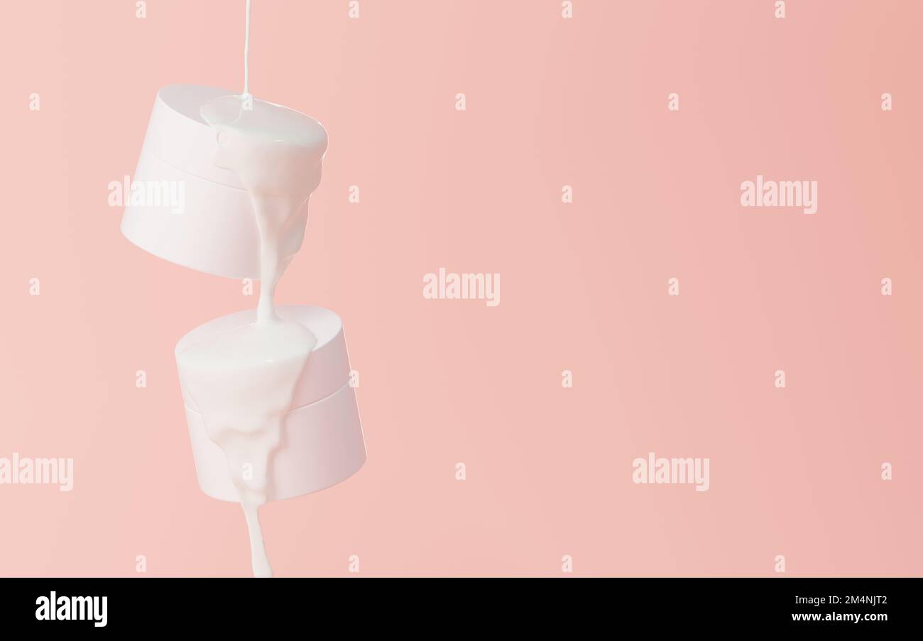 Zwei schwimmende Kosmetikgläser und flüssige Creme aus einer Höhe von über 3D cm werden auf pinkfarbenem Hintergrund gerendert Stockfoto