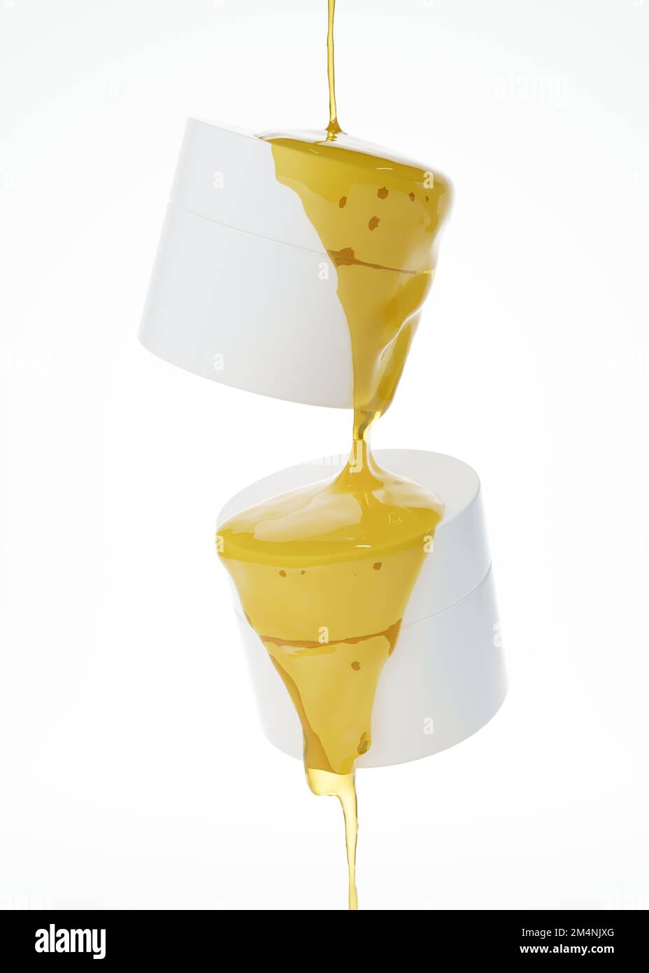 Zwei schwimmende Kosmetikgläser und flüssige Honigcreme, die aus über 3D ml strömen, werden isoliert auf weißem Hintergrund gerendert Stockfoto