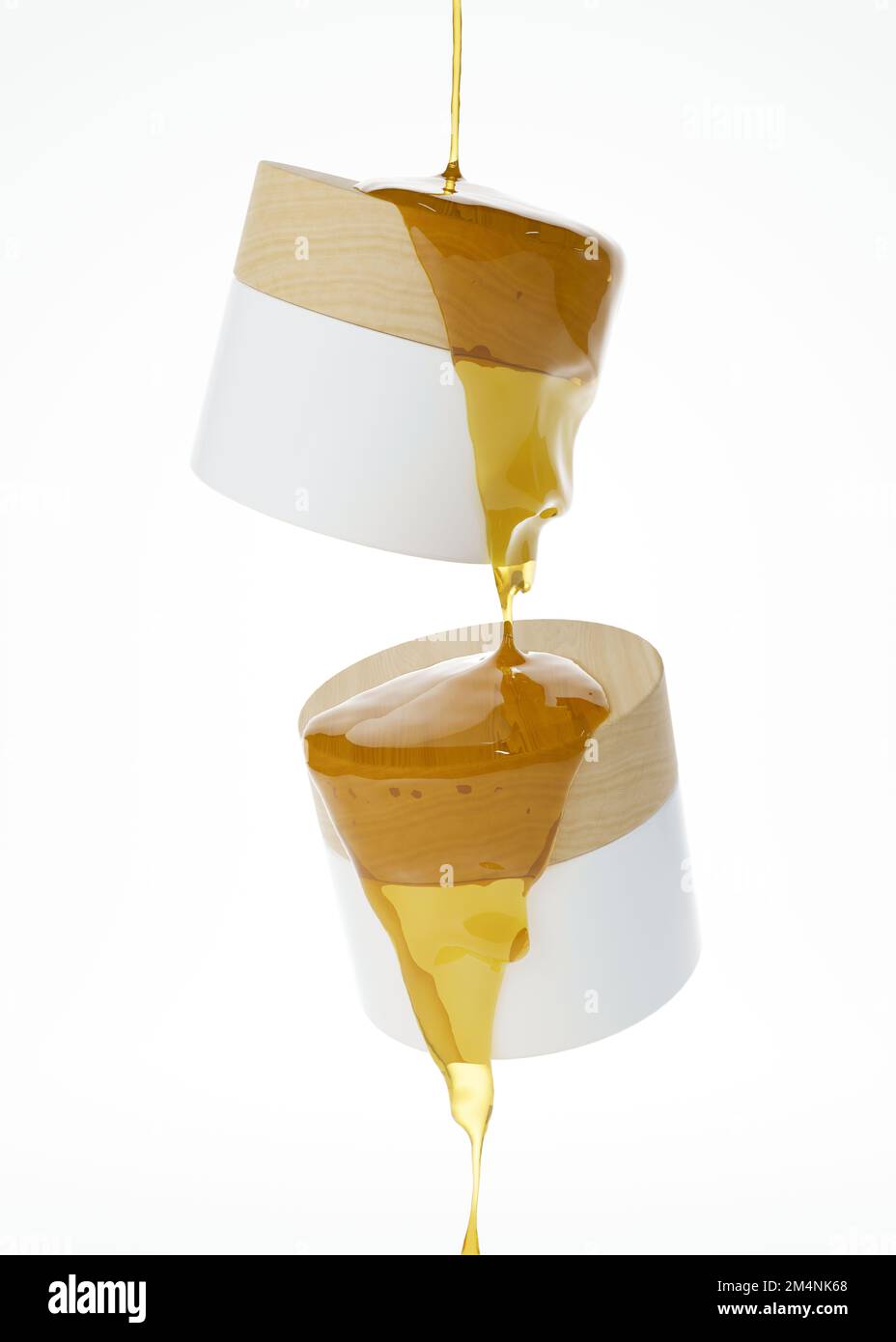 Zwei schwimmende Kosmetikgläser und flüssiger Honig, der aus über 3D ml fließt, werden isoliert auf weißem Hintergrund gerendert Stockfoto