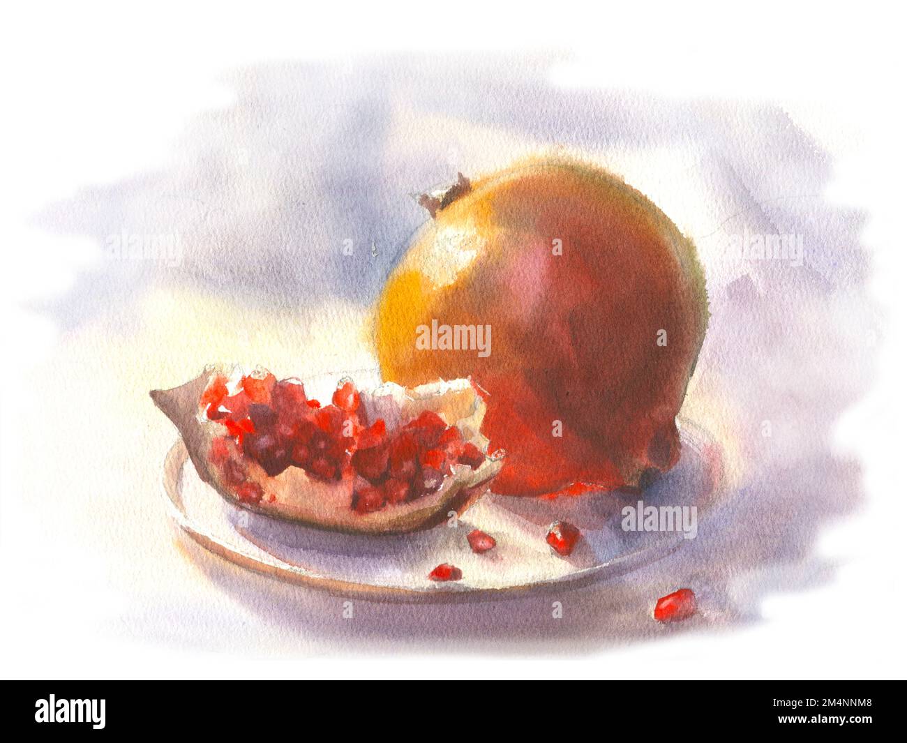 Aquarell realistische Darstellung der Granatapfelfrucht-Gruppe auf Aquarellhintergrund. Design Element für Kosmetik, Spa, Granatapfelsaft, Gesundheit c Stockfoto