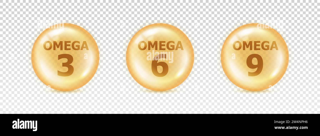 Omega 3, 6, 9. Ich setze den Fisch fett. Isoliertes Vitamin auf transparentem Hintergrund. Nährstoffsymbol. Gelbe Kugel. Großer Glaskreis. 3D-l-Ölblase Stock Vektor