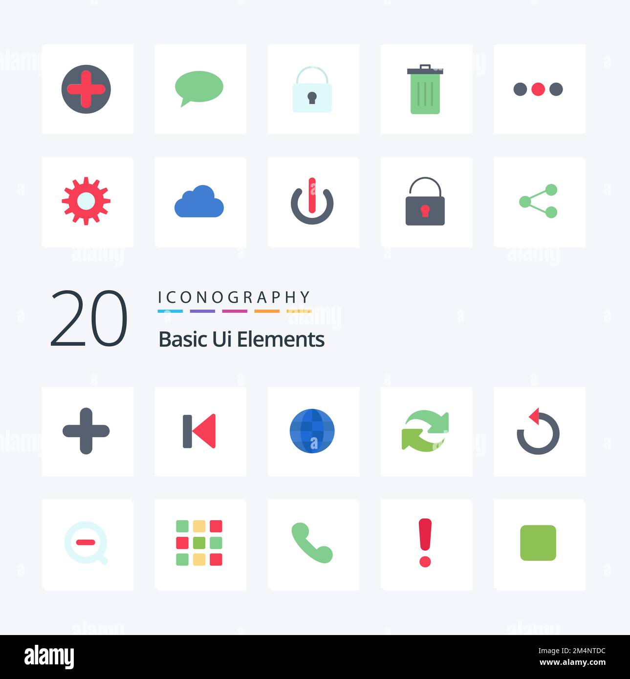 20 Grundelemente der Benutzeroberfläche – Symbolpaket mit flachen Farben. Wie die Suche. Drehen. Starten. neu laden. Ineternet Stock Vektor