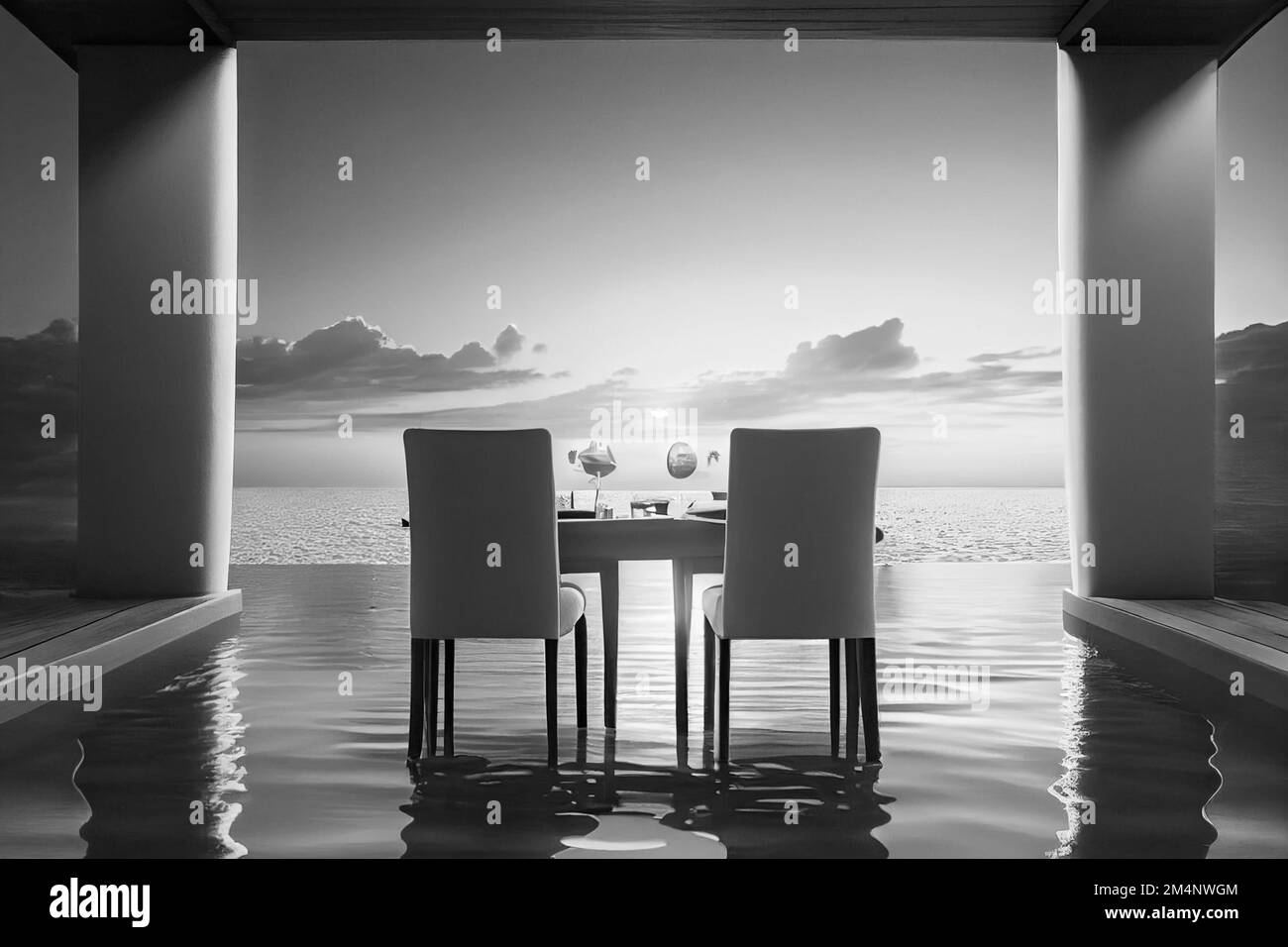 Romantischer Tisch für Paare im Freien mit Infinity-Pool und Blick auf das Meer bei Sonnenuntergang. Perfekter tropischer Kurzurlaub für Flitterwochen. Stockfoto