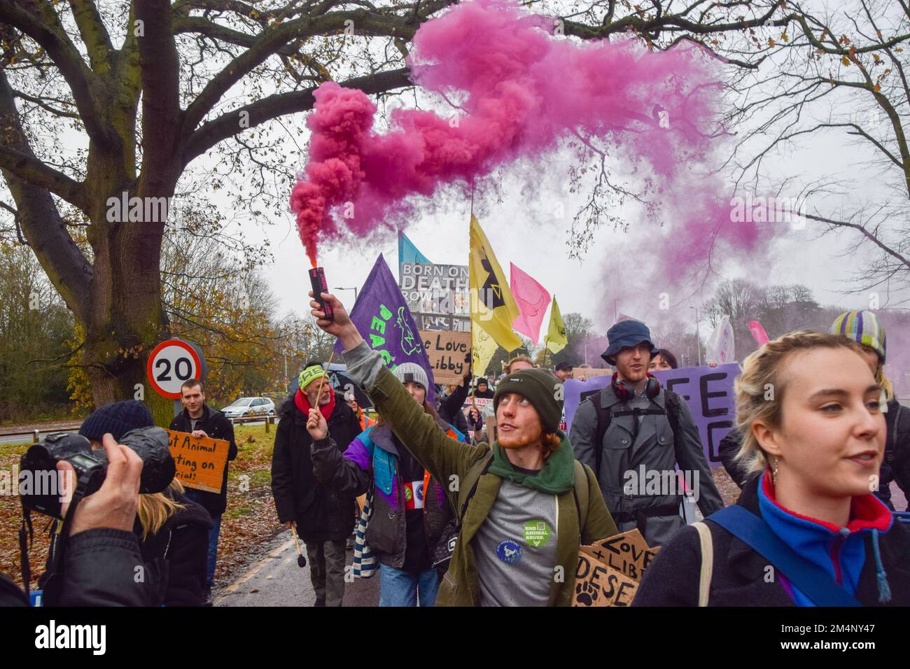 Huntingdon, Großbritannien. 22. Dezember 2022 Tierschutzaktivisten inszenierten einen Protest vor dem Hauptquartier der Cambridgeshire Constabulary in Huntingdon, in dem sie forderten, dass die Polizei zwei Beagle-Welpen freilässt, namens Love und Libby, Die zwei Tage zuvor von der Gruppe Animal Rebellion befreit wurden, als mehrere Aktivisten einbrachen und 18 Hunde aus der MBR Acres-Einrichtung befreiten, die Beagles für Tierversuche züchtete. Die beiden Welpen bleiben bei der Polizei, und es bleibt ungewiss, was sie mit ihnen Vorhaben. Kredit: Vuk Valcic/Alamy Live News Stockfoto