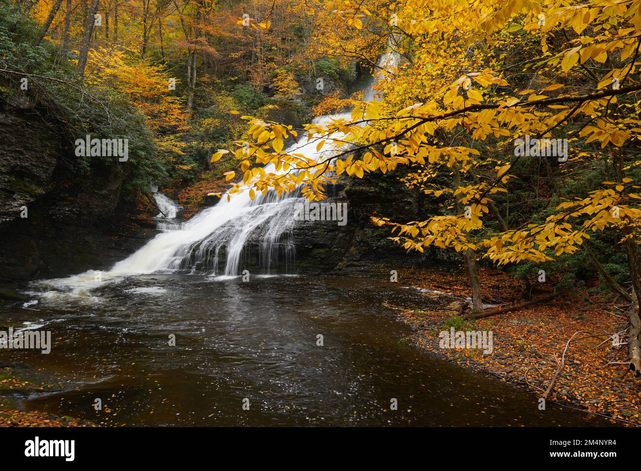 Dingmans Falls in den Poconos in Pennsylvania, umgeben von Herbstfarben Stockfoto