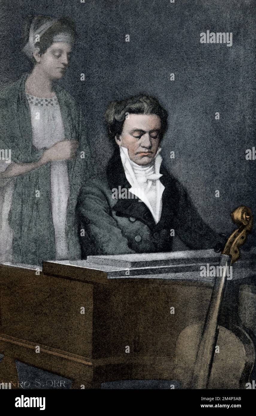 Diese Abbildung zeigt den deutschen Komponisten Ludwig van Beethoven und die Gräfin Therese. Beethoven (1770-1827), Komponist und Pianist, ist einer der bewundernswertesten Komponisten in der Geschichte der westlichen Musik. Seine Werke gehören zu den meistdargestellten des klassischen Musikrepertoires und erstrecken sich über den Übergang von der klassischen zur romantischen Ära in der klassischen Musik. Gräfin Therese war Mitglied des ungarischen Adels. Eine von Beethovens Schülern war die Studentin für seine Klaviersonate Nr. 24. Einige spekulierten, dass sie nicht ihre Schwester Josephine ist, die allgemein als Adresse akzeptiert wird Stockfoto