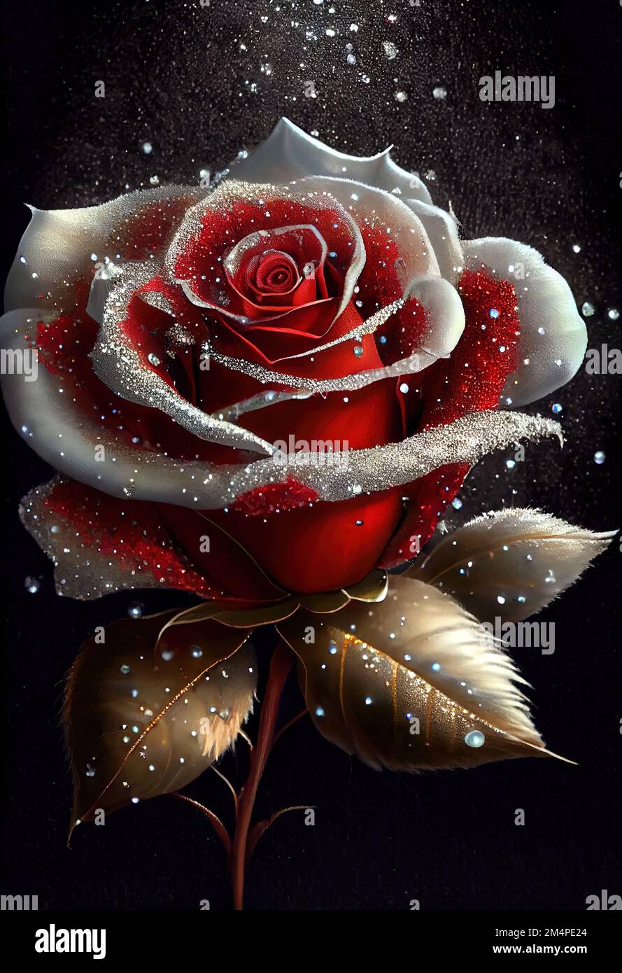 Ein Gemälde einer roten Rose mit Schnee, der auf die Blütenblätter fällt,  und einem schwarzen Hintergrund mit Sternen Stockfotografie - Alamy