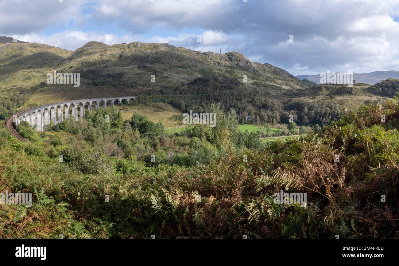 Glenfinnan Viaduct aus den Harry-Potter-Filmen mit Dampflokomotive, Jacobite Steam Train, Jacobite Express, Glenfinnan, Schottland, Großbritannien Stockfoto