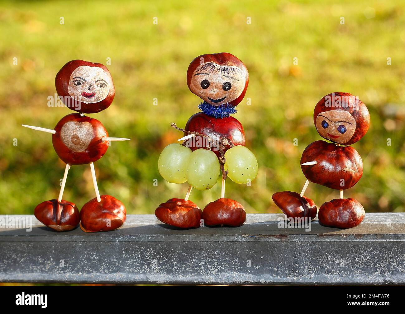 Drei Kastanienfiguren mit Trauben im Abendlicht, Nordrhein-Westfalen, Deutschland Stockfoto