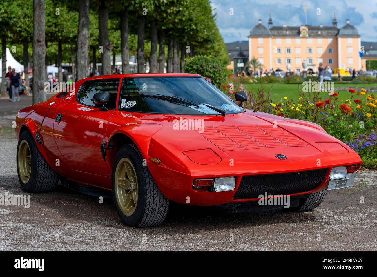Oldtimer Lancia Stratos Bertone, Italien 1974, V6-Zylinder, 2. 481 ccm, 210 ps, 5-Gang, 980 kg, 230 km/h, Rot, klassische Gala, internationale Konzerne Stockfoto