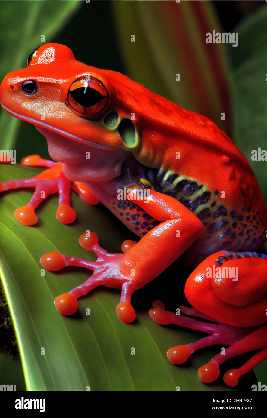 Ein roter Frosch mit einem blauen Auge sitzt auf einem Blatt mit grünem  Hintergrund und ein grünes Blatt mit einem roten Frosch mit einem blauen  Auge Stockfotografie - Alamy