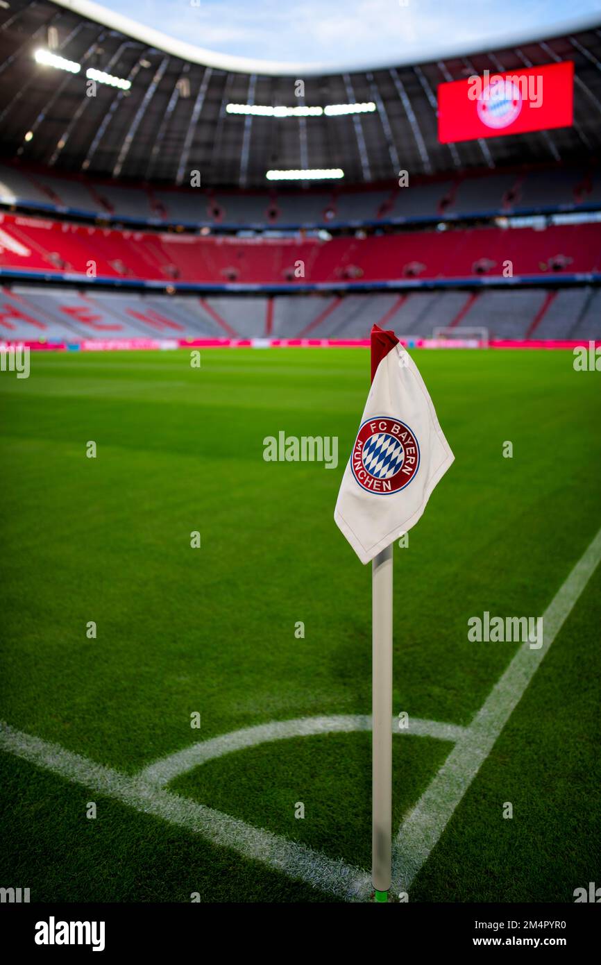 Anzeigetafel, Übersicht, Interieur, Eckflagge, Logo, FC Bayern, Allianz Arena, München, Bayern, Deutschland Stockfoto