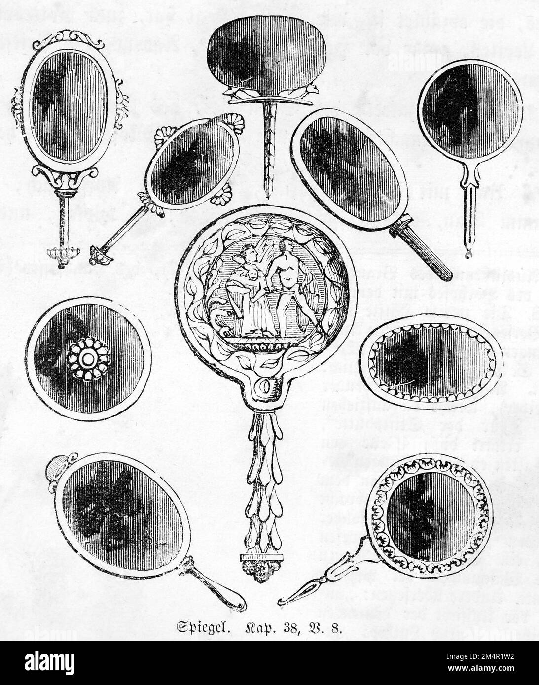 Spiegel, Bibel, Altes Testament, Genesis, 2. Buch Moses, Kapitel 38, Vers 8, verschieden, viele, Oval, dekorativ, dekorativ, künstlerisch, elegant Stockfoto