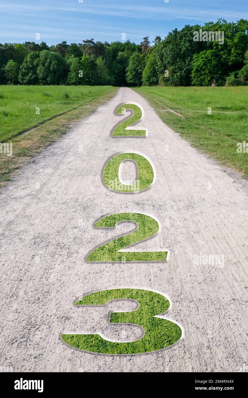 Frohes neues Jahr 2023, Beginn des neuen Jahres. Grüner Pfad in den Wald, Umweltökologie oder grünes Tapetenkonzept. Stockfoto