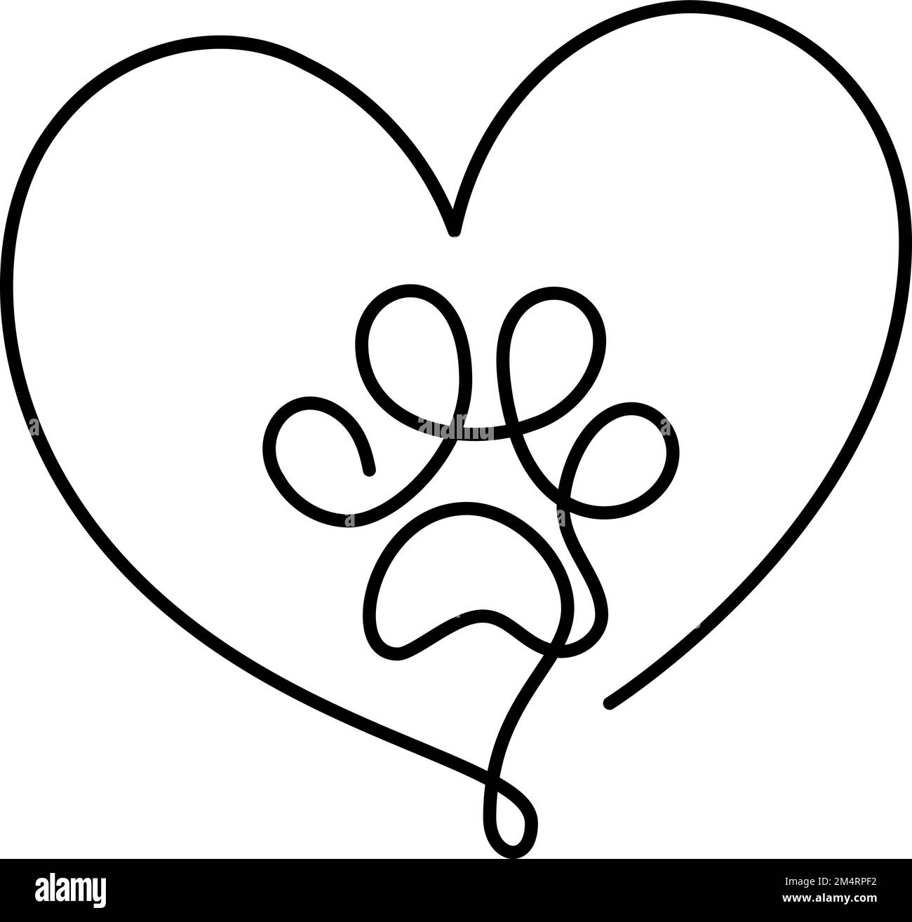 Fußabdruck von Hund- oder Katzenpfote und Herz in durchgehender einzeiliger Zeichnung des Logos. Minimale Strichgrafiken. Tier im Herzen. Haustiere lieben das Konzept Monoline Stock Vektor